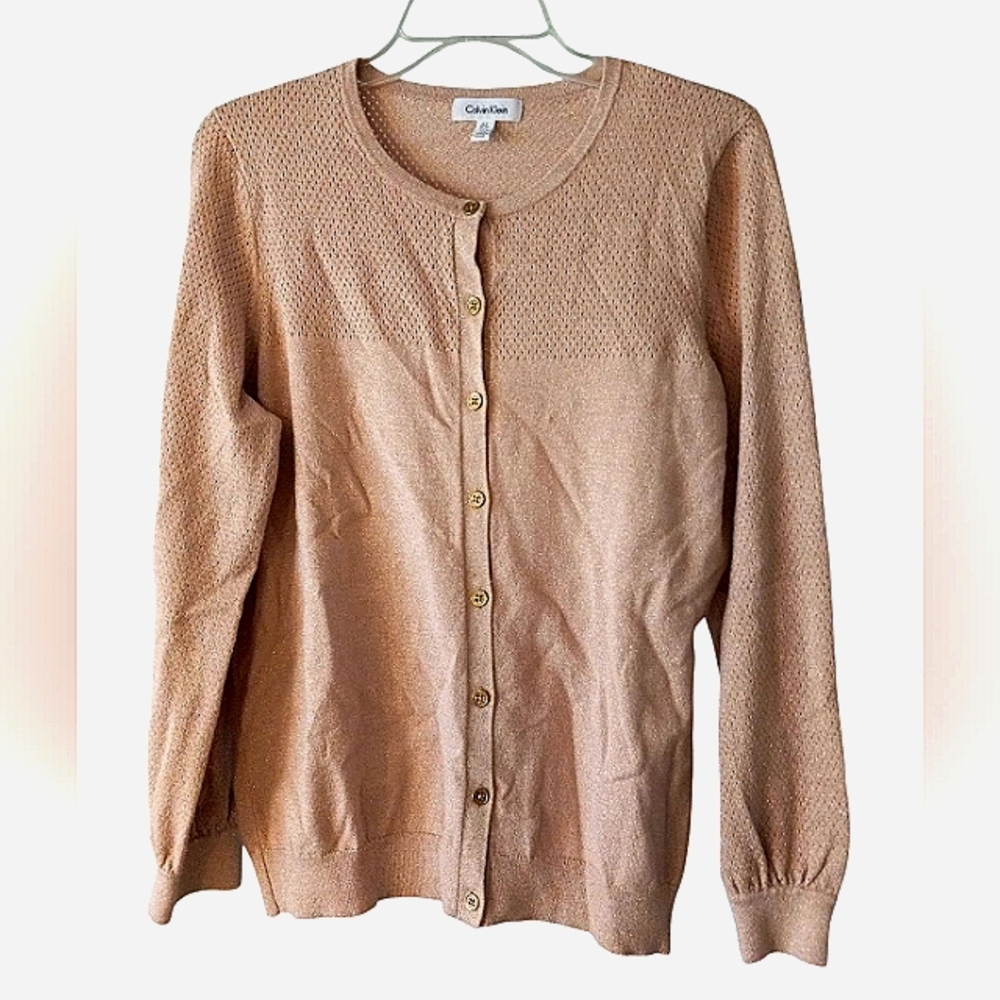 Calvin Klein Women's Rosey Tan Cardigan Sweater L